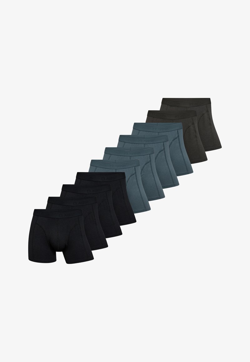 Herre boxerbrief sæt bestående af ni dele i sort, mørkegrå og teal. Blødt stof, elastiske taljer med branding, tætsiddende pasform.