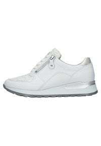White athletic shoe with textured leather, silver accents, lace-up design, and side zip closure. Features a cushioned sole with grip pattern.