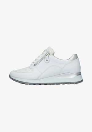 White athletic shoe with textured leather, silver accents, lace-up design, and side zip closure. Features a cushioned sole with grip pattern.
