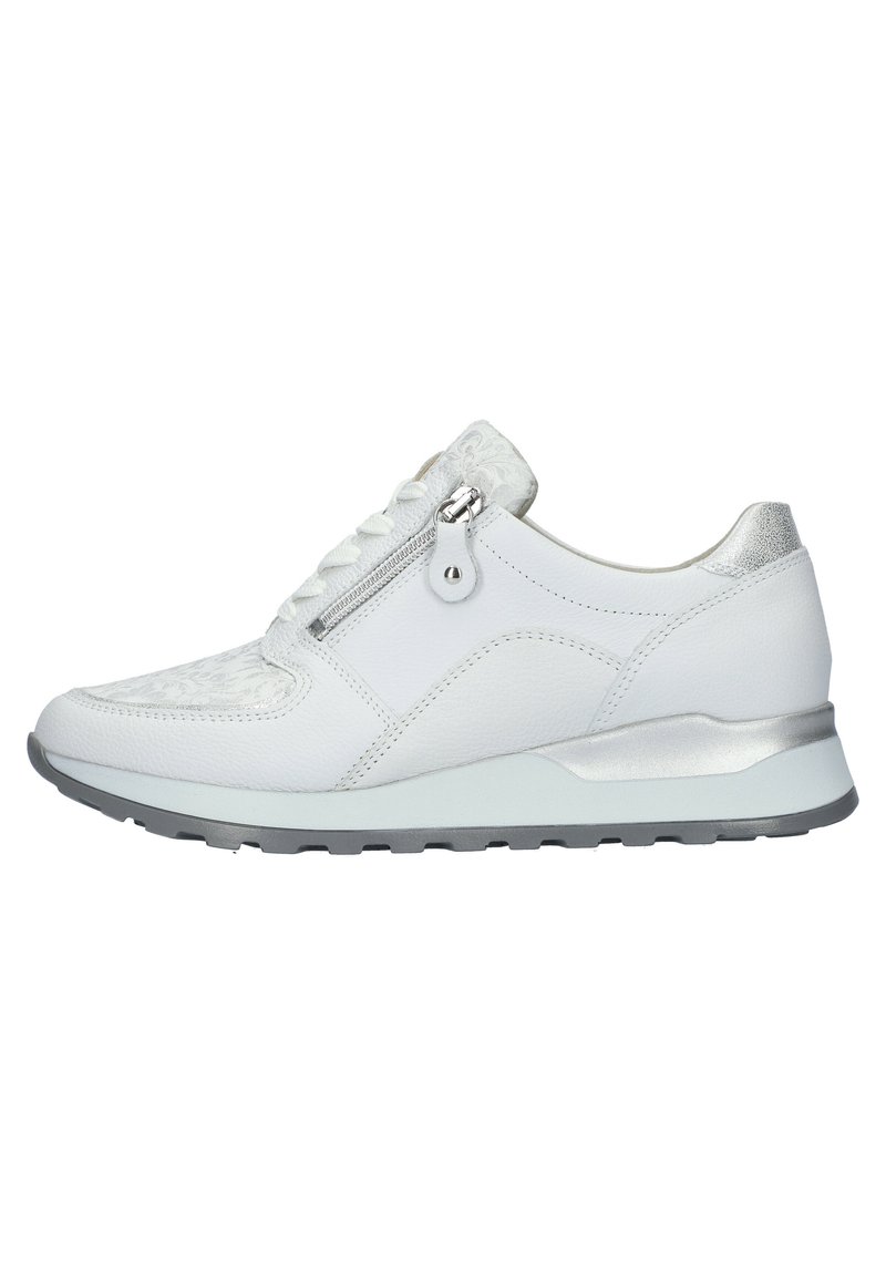White athletic shoe with textured leather, silver accents, lace-up design, and side zip closure. Features a cushioned sole with grip pattern.
