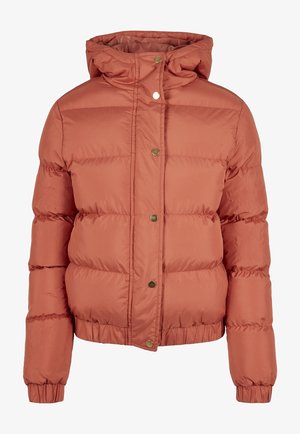 Korallivärvi pusajakak, millel on kapuuts, tikandite tekstuur ja kuldsed nööbid ees. Elastsed mansetid ja alumine äär.