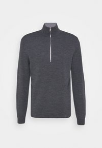 Dunkelgrauer Pullover mit hohem Kragen und einem Viertelreißverschluss. Hergestellt aus einem glatten, strukturierten Stoff; verfügt über lange Ärmel und ein schlichtes Design.