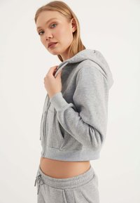 Felpa grigia cropped realizzata in materiale morbido, con chiusura a zip, tasche frontali e cappuccio. Indossata con pantaloni della tuta a vita alta abbinati.