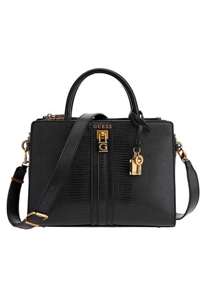 Bolso Guess de cuero negro texturizado con dobles asas, correa de hombro ajustable, cierre dorado y detalle de logotipo en el frente.