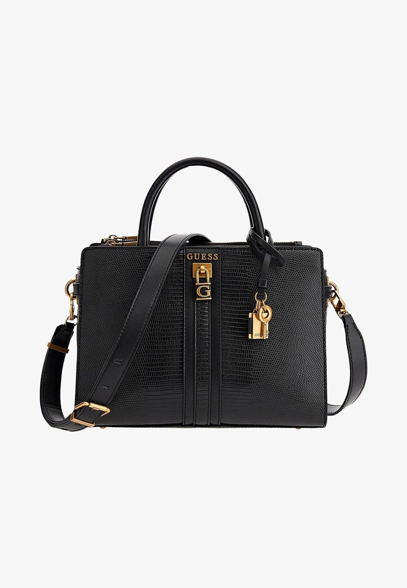 Sac à main Guess en cuir noir texturé avec double poignée, bandoulière réglable, fermoir doré et logo à l'avant.
