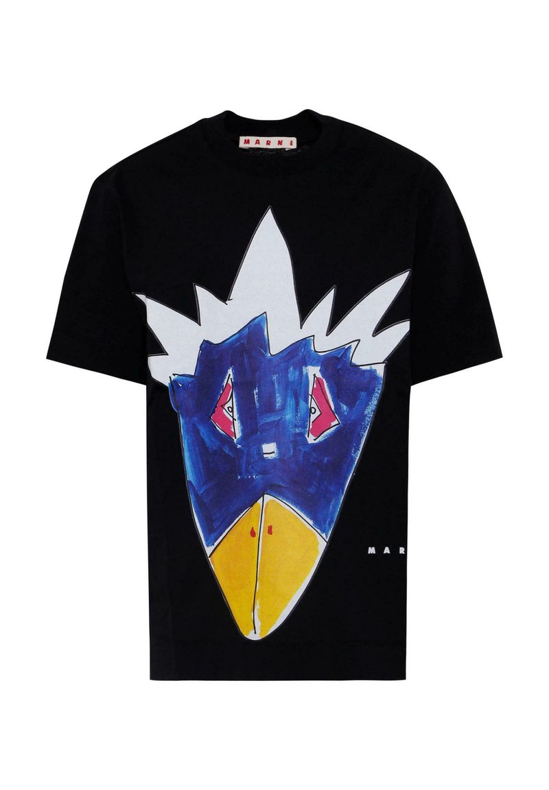 Czarna koszulka z dużym, kolorowym nadrukiem ptasiej twarzy w niebieskim, żółtym i czerwonym kolorze, o luźnym kroju i okrągłym dekolcie.