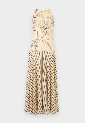 Robe beige sans manches avec un corsage ajusté à imprimé floral et une jupe fluide présentant des rayures verticales marron en motif chevron.