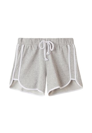 Grijze sweatshorts met een witte elastische tailleband en trekkoord. Voorzien van witte zijpaspels en een sportieve snit met zichtbare stiksel details.