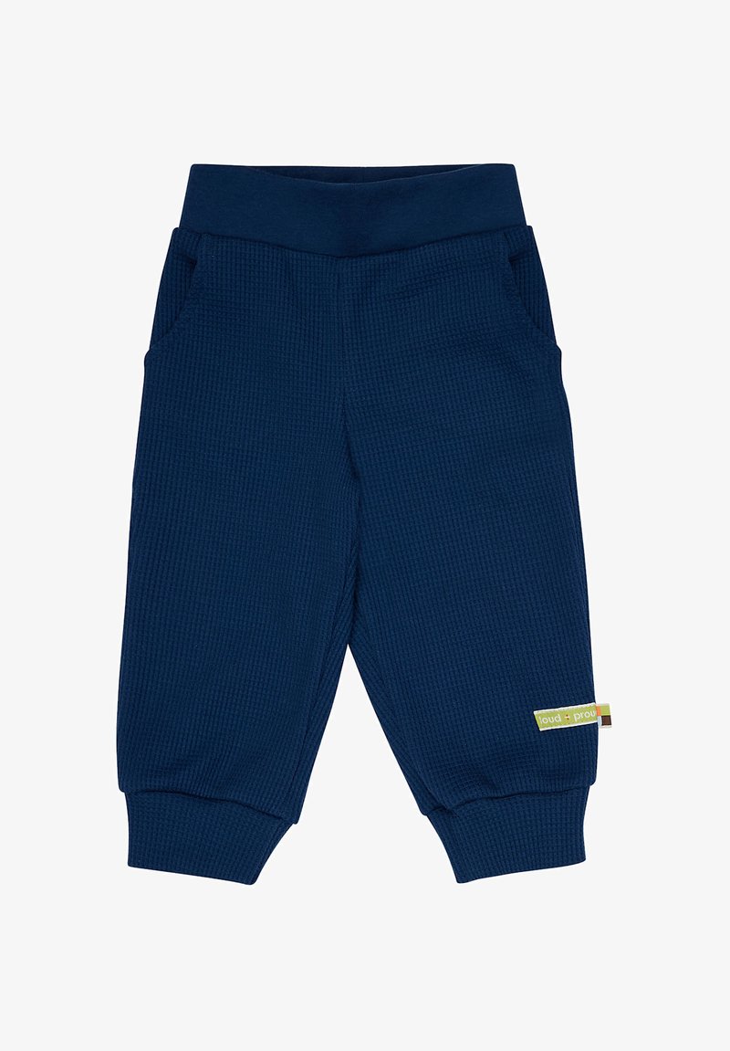 Navy blauwe, geweven joggerbroeken van zacht materiaal. Voorzien van een elastische tailleband, zijzakken en een klein merkteken aan de zijkant.