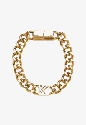 Bracelet en métal doré avec de grands maillons, doté d'un fermoir carré avec un accent de logo. Texture lisse et finition brillante.