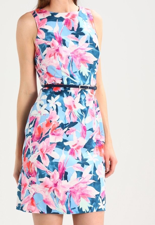 Robe d'été fleurie bleue avec des motifs floraux roses et blancs. Design sans manches, taille ajustée, et une fine ceinture noire soulignant la taille.