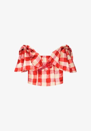 Rood en roze geruit cropped top met pofachtige korte mouwen en een rode kreeft geborduurd in het midden aan de voorkant.