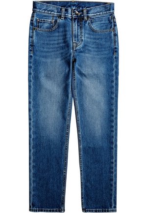 Niebieskie jeansy z denimu z przednimi kieszeniami, szlufkami na pasek i zapięciem na guzik, o prostym kroju nogawek i średnim wykończeniu prania.