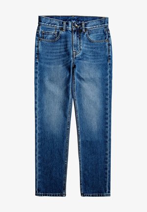 Blaue Denim-Jeans mit Vordertaschen, Gürtelschlaufen und Knopfverschluss, mit geradem Bein und mittlerem Waschfinish.