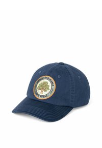Gorra de béisbol en color marino hecha de algodón, con un parche bordado de un árbol con un borde circular. Visera curvada y correa trasera ajustable.