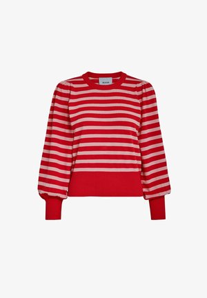 Punainen ja vaaleanpunainen raidoitettu neulepaita, jossa on ribbireunus ja pallokuosiset hihat. Valmistettu neulostyylisestä materiaalista, jossa on tiukka helma.