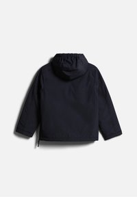 Veste à capuche bleu marine foncé avec manches longues, coutures visibles et capuche élastique froncée, vue de dos sur fond blanc.