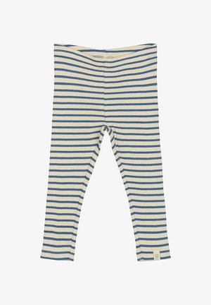 Gestreifte Leggings aus Rippstoff; mit abwechselnden hellcremefarbenen und blauen horizontalen Streifen, sowie einem kleinen Markenetikett am Saum.