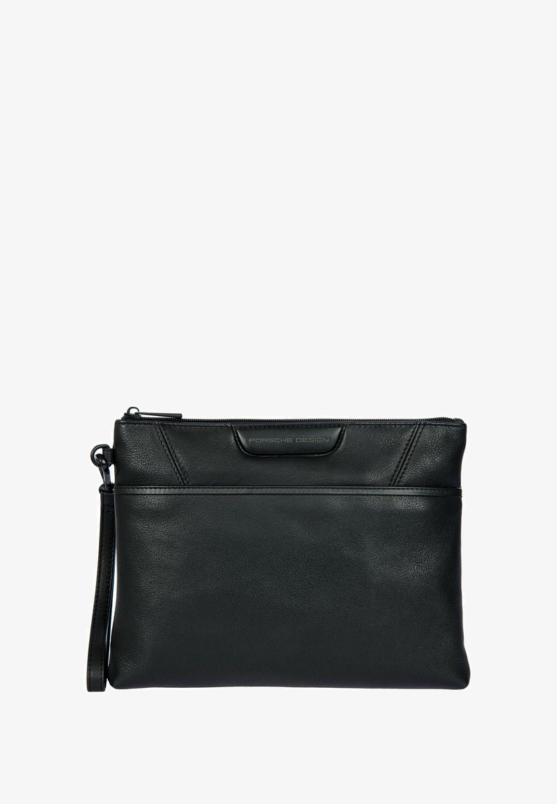 Pochette en cuir noir avec fermeture éclair, bracelet amovible et logo "Porsche Design" sur le devant.