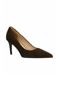 Pump in suede marrone con tacco a stiletto sottile, punta affusolata e una fodera interna liscia. Design semplice ed elegante, privo di decorazioni.