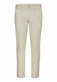 Pantaloni slim-fit in beige chiaro, realizzati in un morbido tessuto di cotone, con vita standard, tasche frontali e dettagli di cucitura sottili.