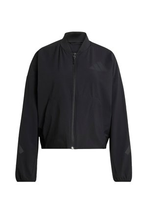 Black cropped jacket with a zipper closure, ribbed collar, and smooth texture. Features subtle logo accents and wide sleeves.