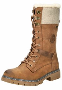 Bottines en cuir marron à lacets avec col en fausse fourrure et surface texturée. Présentent des œillets en métal et une semelle en caoutchouc robuste avec des crampons.