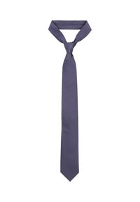 Fioletowy krawat z subtelnym geometrycznym wzorem, wykonany z gładkiego materiału, o wąskim kształcie i spiczastym końcu, zawiązany na górze.