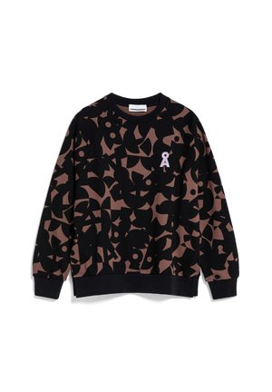 Zwart en bruin abstract patroon lange mouwen sweatshirt met geribde boorden en zoom, met een klein wit sleutelgatvormig logo op de borst.