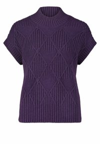 Lila stickad tröja med korta ärmar, som har en ribbad struktur och ett geometriskt diamantmönster. Hög halsdesign.