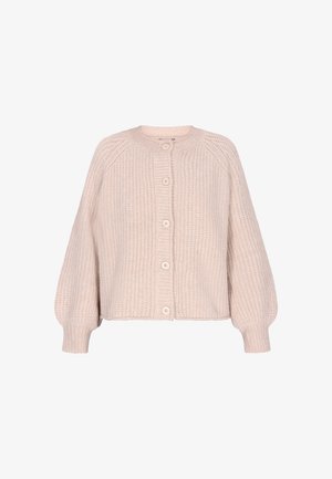 Lichtbeige gebreide cardigan met een ronde halslijn, knoopsluiting en puffed lange mouwen. Textuurstof met geribbelde details.