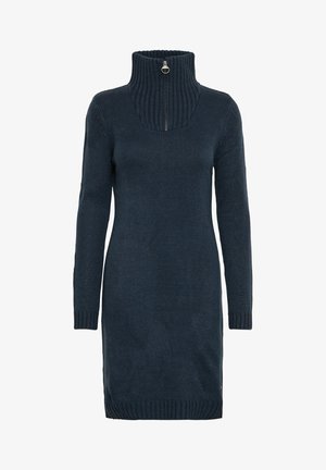 Tumed sinine kudumkleit kõrge kaelusega, lukuga, soonikkoes mansettide ja küljeaukudega, valmistatud struktuurse kangaga.