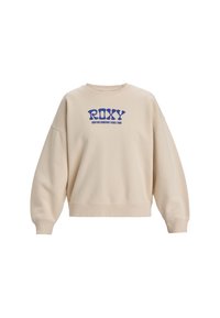 Beige Sweatshirt mit lockerer Passform, gerippten Bündchen und Saum. Verfügt über ein blaues Grafiklogo mit der Aufschrift "ROXY" und dem Text "SURFING COMPANY SINCE 1990."