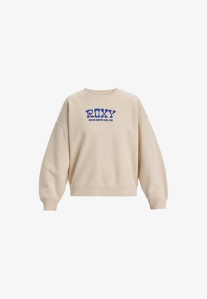Beige sweatshirt met een relaxte pasvorm, ribgebreide manchetten en zoom. Heeft een blauw grafisch logo met de tekst "ROXY" en de tekst "SURFING COMPANY SINCE 1990."