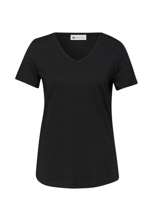 Černé dámské tričko s krátkým rukávem a výstřihem do V, s mírně zaobleným lemem a štítkem značky Street One uvnitř u krku.