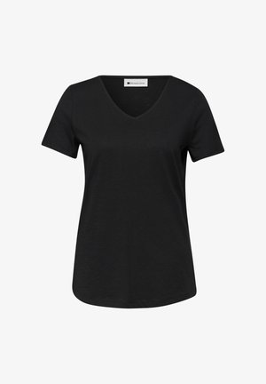 Černé dámské tričko s krátkým rukávem a výstřihem do V, s mírně zaobleným lemem a štítkem značky Street One uvnitř u krku.