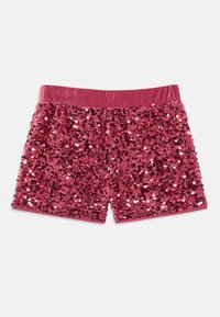 Bermudas cor-de-rosa com um cós de tecido suave, totalmente cobertas de lantejoulas brilhantes para um aparência texturizada e um efeito de brilho detalhado.