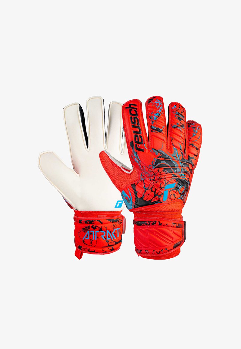 Rote Torwarthandschuhe mit weißen Handflächen, strukturierten roten und schwarzen Rückseiten und verstellbaren Handgelenksriemen. Ausgestattet mit "Reusch"- und "Attract"-Markierung.