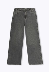 Jean en denim gris à jambe large avec une texture délavée, un design à cinq poches et une taille standard avec passants de ceinture. Style décontracté sans décoration.