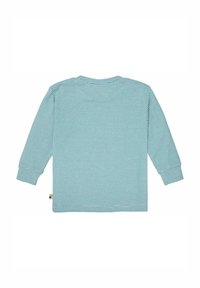 Maglietta a maniche lunghe in blu chiaro e bianco a righe orizzontali, in materiale cotone, collo a giro, con polsini a costine e un piccolo etichetta multicolore.