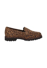 Leopardprint instapper met een tan basis, textielstof en een dikke zwarte zool met een profielpatroon voor grip.