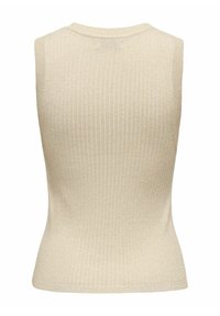Beige, mouwloze ribgebreide top. Heeft een aansluitend ontwerp, ronde halslijn en een subtiele glans. Glad met een textuur zonder zichtbare patronen.