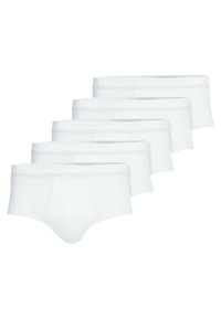 Fünf Paare weißer Baumwollslips mit glattem Material, elastischem Bund und klassischem Schnitt. Keine Muster oder Akzente.
