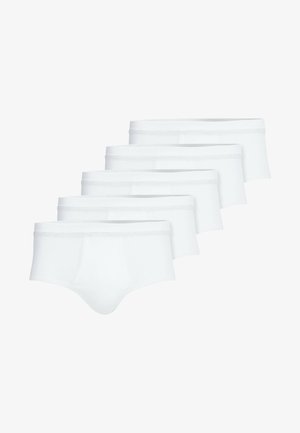Fünf Paare weißer Baumwollslips mit glattem Material, elastischem Bund und klassischem Schnitt. Keine Muster oder Akzente.