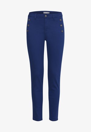 Sötétkék skinny nadrág rugalmas anyagból, gombos záródással és három díszgombbal a derékrész mindkét oldalán.