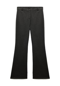 Grijze uitlopende broek met een gladde textuur, voorzien van twee knopen aan de voorkant en een tailleband, ontworpen voor een gestroomlijnde pasvorm.