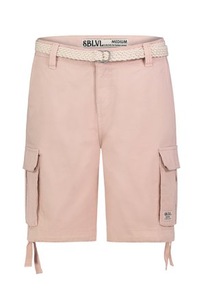 Lichtroze cargoshorts van katoen met zijzakken, verstelbare strikhemden en een gestructureerde gevlochten riem. Etiket zichtbaar op de taille.