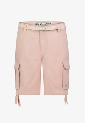 Lichtroze cargoshorts van katoen met zijzakken, verstelbare strikhemden en een gestructureerde gevlochten riem. Etiket zichtbaar op de taille.