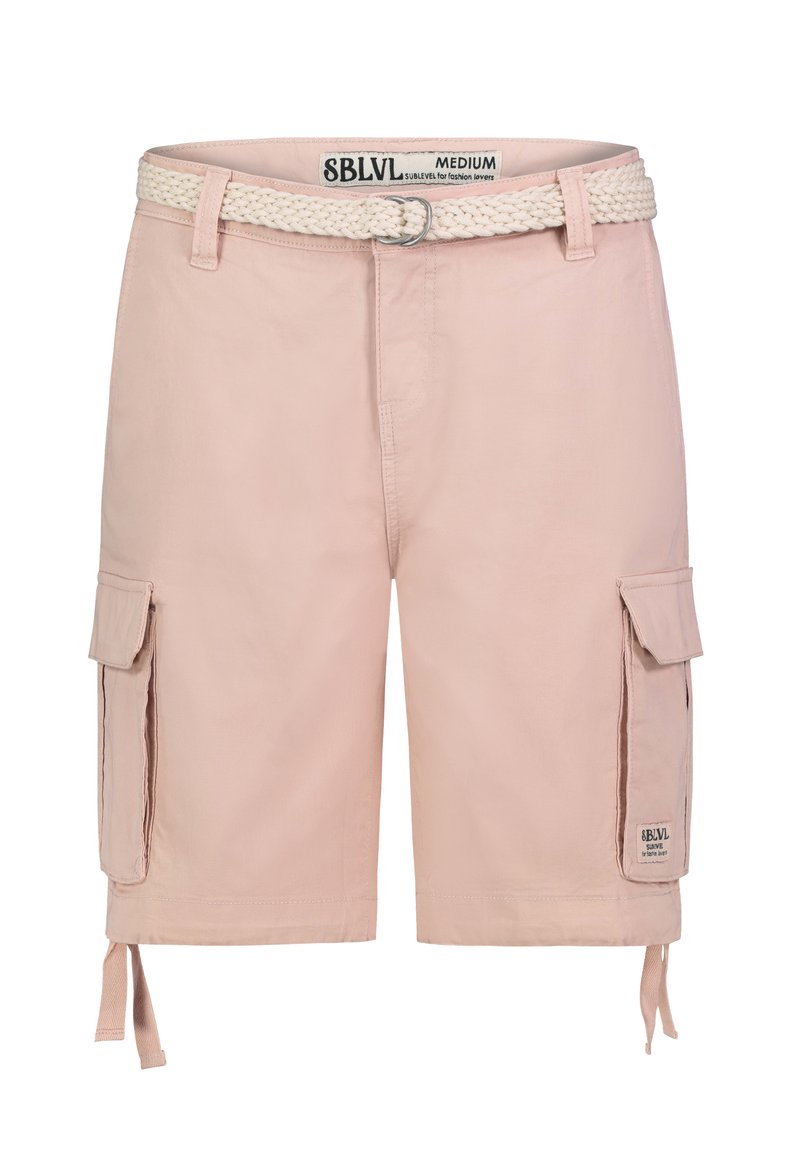 Lichtroze cargoshorts van katoen met zijzakken, verstelbare strikhemden en een gestructureerde gevlochten riem. Etiket zichtbaar op de taille.