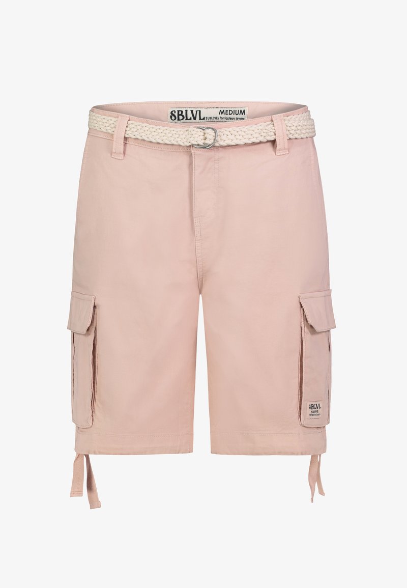 Lichtroze cargoshorts van katoen met zijzakken, verstelbare strikhemden en een gestructureerde gevlochten riem. Etiket zichtbaar op de taille.